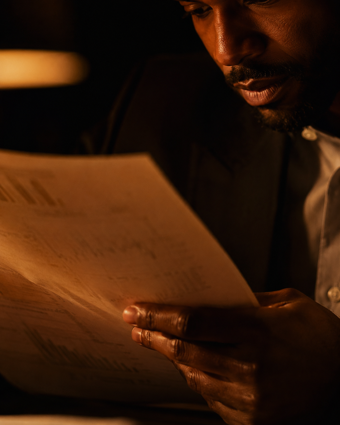 Founder reviewing a decision brief by warm lamplight